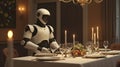 A robotic butler setting a dining table in a luxury mansion, Ai generated image Royalty Free Stock Photo