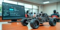 Robotic car on desk with programming interface and students engaged in learning Royalty Free Stock Photo