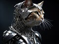 Robotic cat knight in futuristic metal exoskeleton. illustration