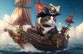 A robotic cat wearing pirate hat riding on a pirate ship sailing in the open seas