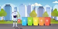 Robotic character holding plastic rubbish container near colorful trash cans artificial intelligence segregate waste