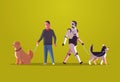 Robotic character and man walking with dogs robot vs human standing together with pets artificial intelligence