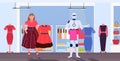 Robotic character and woman choosing dresses artificial intelligence technology shopping concept human vs robot fashion