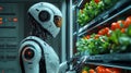robotic chef selecting fresh ingredients from futuristic refrigerator, showcasing advanced technology and culinary innovation.