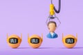 Robotic claw selecting a candidate from AI options on a purple background. 3D Rendering