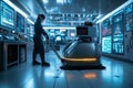 A robotic cleaner in a high-tech lab. The operator monitors the machine as it works efficiently. Futuristic automation