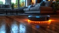 A robotic cleaner maintains cleanliness of a cozy interior