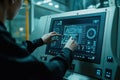 Robotic CNC machine operator programming automated milling equipment in workshop. Generative AI