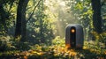 robotic compost bin with AI sensors lush forest setting, surrounded by greenery and sunlight filtering through trees Royalty Free Stock Photo