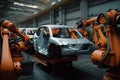 Robotic conveyor line for car assembly. Modern workshop with automated equipment. Mechanical assembly of car bodies