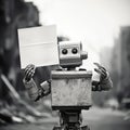 Construction Robot Holding Blank Sign In Distinctive Black And White Style