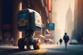 robotic courier on futuristic and busy city street, with people and vehicles passing by