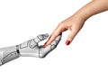 Cyborg hand holding female human hand on white background