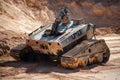 Robotic demining vehicle equipped with advanced tools works diligently in a desert environment. Dust and sand highlight the Royalty Free Stock Photo