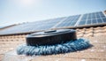 Robotic Device Cleaning Solar Panels on Rooftop, generative ai