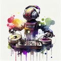 Robotic DJ with Turntables and Headphones in Watercolor Art. Perfect for Music Lovers.