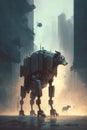 robotic dogs protecting their masters in an ever-evolving city digital art poster AI generation