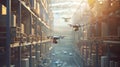 Robotic drones flying above a smart warehouse, scanning and organizing inventory efficiently. Smart factory automation
