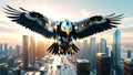 Robotic eagle soaring above a futuristic city skyline at sunrise Royalty Free Stock Photo