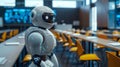 Robotic educator is positioned in a contemporary classroom designed for interactive learning. Generative by AI