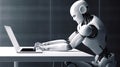 Robotic Efficiency: Embracing the Machine Age Aesthetics in a Futuristic Workspace. Typing on the laptop. Generative AI.