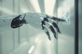 Robotic engineer programs advanced arm with holographic blueprint in lab. Generative AI