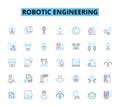 Robotic engineering linear icons set. Automation, Robotics, Innovation, Mechanization, Programming, Manufacture