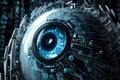 A robotic eye with AIpowered technology watching over a network of connected computers. . AI generation