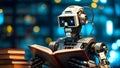 Robotic Figure with Curious Expression Reading a Book in Futuristic Library. Generative AI