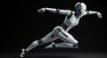 A robotic figure in a dynamic running pose against a dark background. The desig