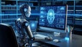 Robotic Figure Analyzing Data on Computer Screen