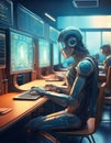 Robotic figures engaged in programming and coding within a modern technology workspace in a dimly lit environment Royalty Free Stock Photo