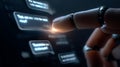 Robotic finger interacting with floating chat bubbles showing a conversation simulating artificial intelligence digital Royalty Free Stock Photo