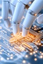 Robotic fingers interacting with a glowing circuit board, symbolizing advanced technology, artificial intelligence, and the