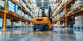 Robotic forklift autonomously organizing inventory in modern warehouse with advanced technology.