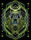 Robotic green wolf roaring with sacred geometry background