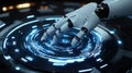 Robotic hand activates futuristic interface dark background Royalty Free Stock Photo