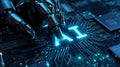 Robotic Hand Activating Artificial Intelligence On Futuristic Circuit Board Technology Concept Royalty Free Stock Photo