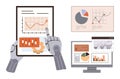 Robotic Hand Analyzing Charts and Data on Tablet and Computer Screens in a Digital Workspace Royalty Free Stock Photo