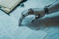 Robotic Hand Analyzing Documents Representing Data Flow and Binary Code Royalty Free Stock Photo