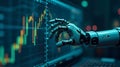 Robotic hand analyzing financial stock market data on a digital screen Royalty Free Stock Photo