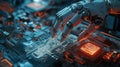 Robotic hand assembling circuit board with holographic schematics and cinematic lighting Royalty Free Stock Photo