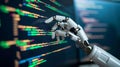 Robotic hand coding interaction with vibrant programming screen Royalty Free Stock Photo