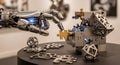 Robotic hand completing jigsaw puzzle with metal and gold pieces Royalty Free Stock Photo