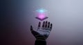 Robotic Hand Connecting with AI Data Cube: Future technology, machine learning, and business innovation concept. Royalty Free Stock Photo