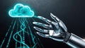robotic hand connects to glowing cloud, uploading data with streams of binary code, symbolizing technology and innovation in