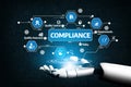 Robotic Hand Displaying Compliance Concepts with Visual Icons Representing Quality Control, Policy, Assurance Royalty Free Stock Photo
