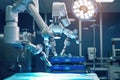 A robotic hand efficiently operates a machine in a hospital, enhancing patient care, A medical robot performing a delicate surgery