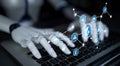 Robotic Hand Interacting with Digital Interface Icons Representing Modern Technology and Automation on a Laptop Keyboard Royalty Free Stock Photo