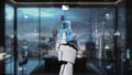 Futuristic Robot Hand Interacting with Digital Security Interface in Modern Office Setting with City Skyline Background Royalty Free Stock Photo